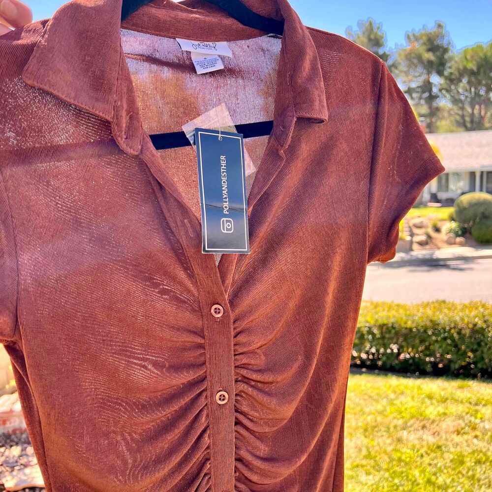 Just Polly Dress NWT Slinky Ruched Button Down Burnt Orange Brown Size Small - Picture 5 of 8